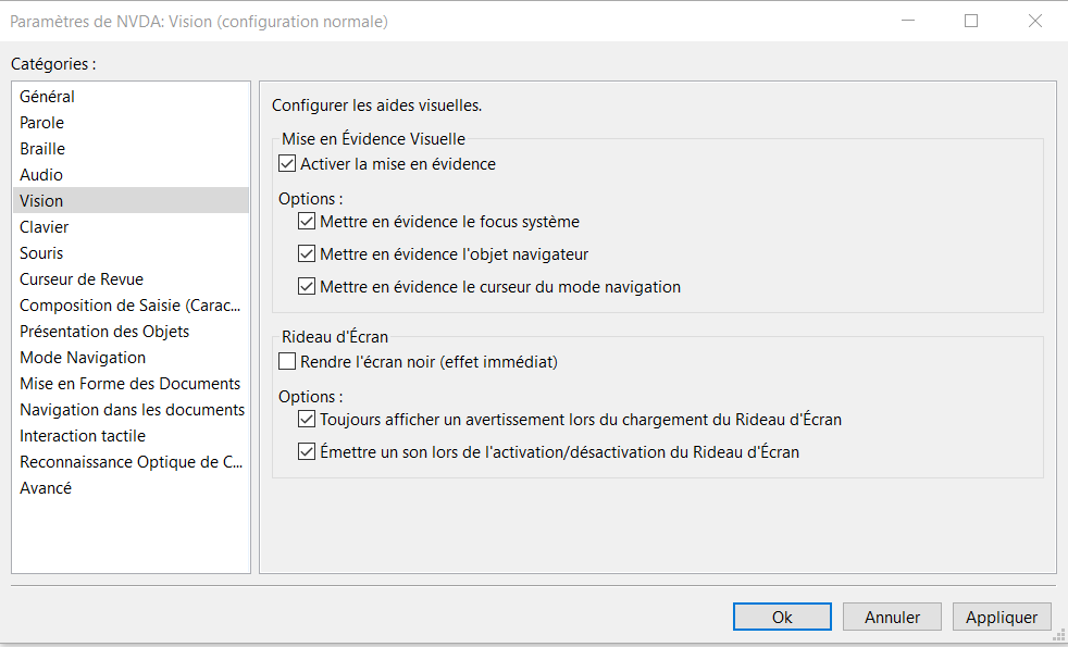 Fenêtre de configuration de NVDA pour l'activation des options de focus