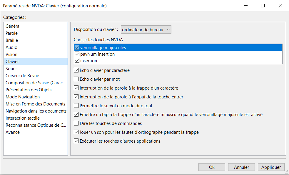 Fenêtre de paramètres pour configurer les touches NVDA du clavier