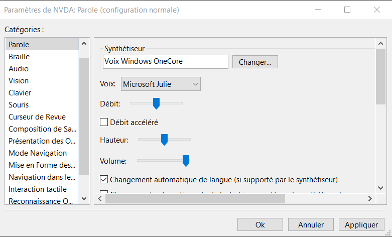 Fenêtre de configuration de NVDA pour la configuration de la vitesse de vocalisation